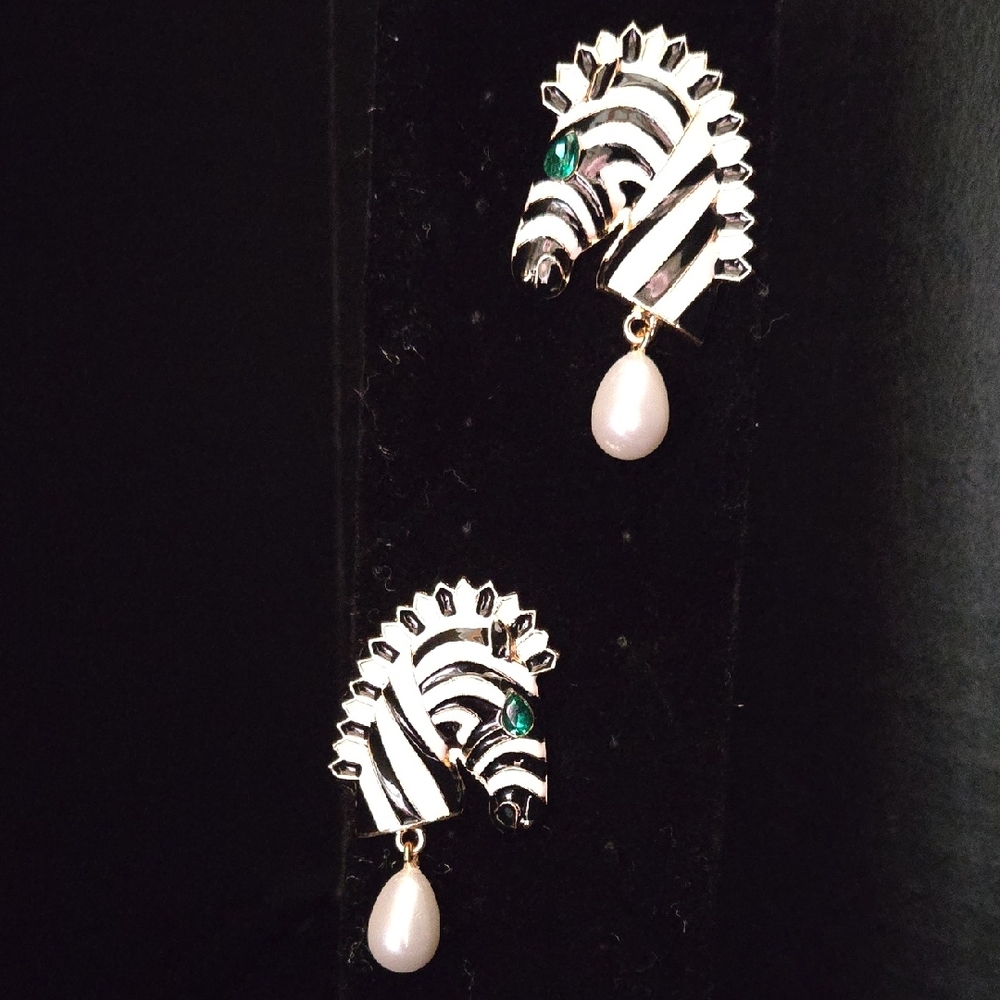Zebra Design Costume Earrings with Faux Pearl Drop. Green Gem Eyes. Gorgeous!